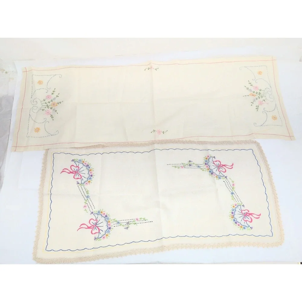 2 Vtg Hand Embroidered Linen Table Runner Flower Floral Crochet Edge